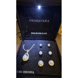New Primavera Fine Silver Plated Necklace And 3 Pairs Earrings Lighted Box!